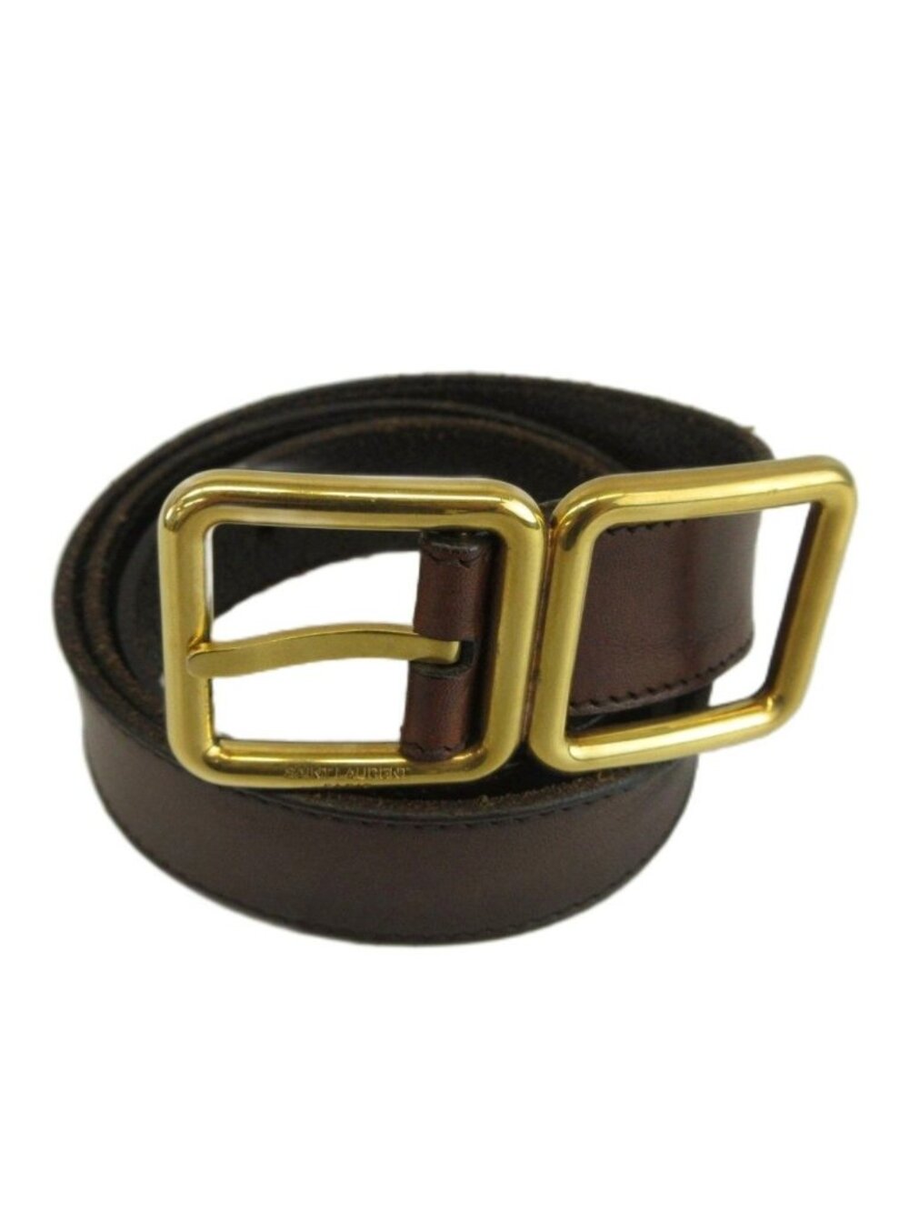 Saint Laurent Paris Double Buckle Leather Belt Cowhide Logo Gold Brown